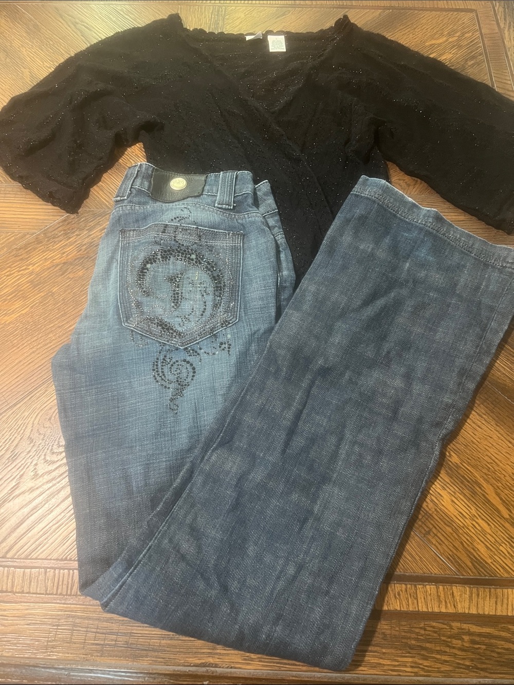 Antik Denim Blue Bootcut Jeans with Rhinestone Pocket Motif (Bin 4-043)